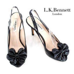L.K. Bennett Shoes Black Patent Leather Peep toe Slingback Heel Scallop Bow 36/6